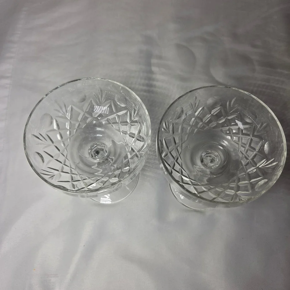 Vintage Cut Crystal Champagne Coupe Glasses Set/2 Starburst Cross Hatch Stemmed